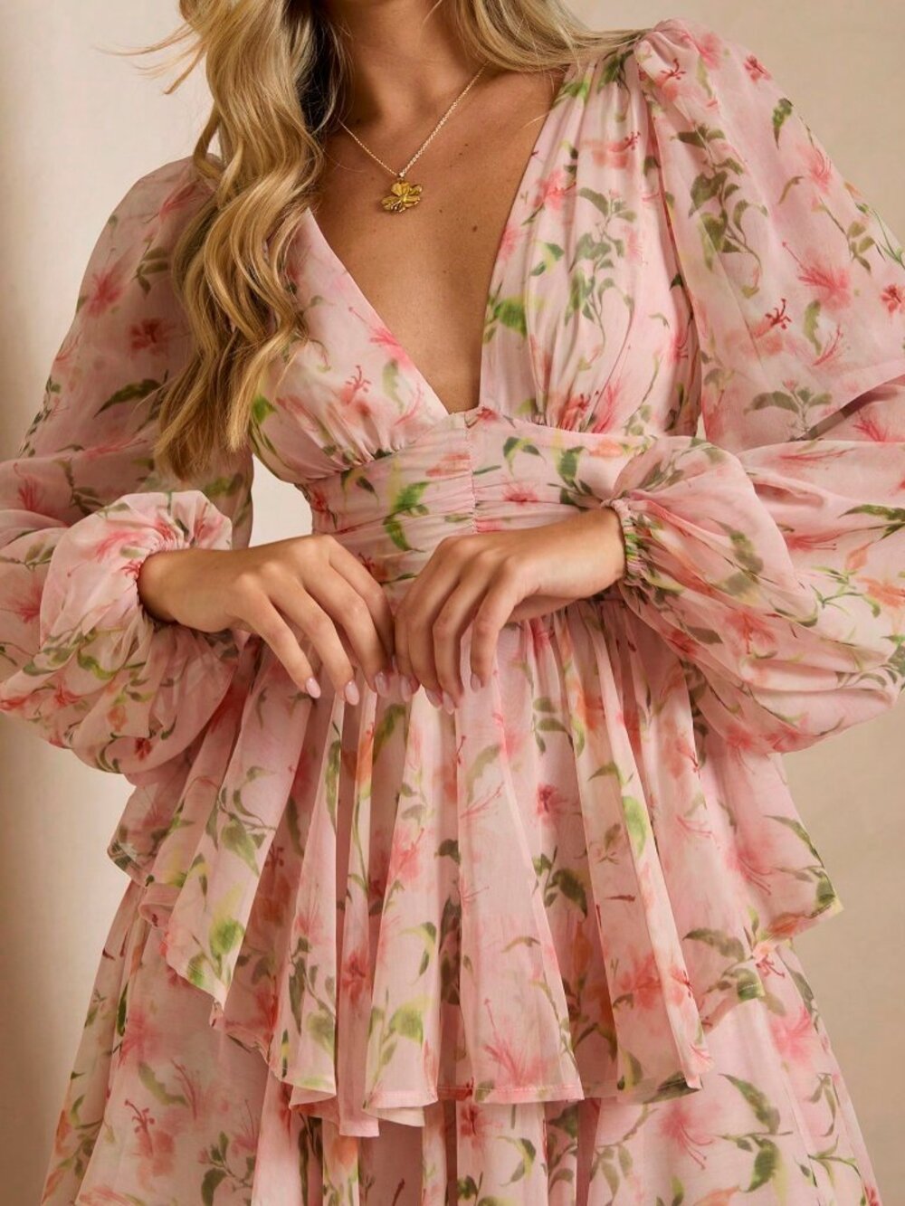 Baby Pink Boho Women's Romantic Floral Print V-Neck Long Sleeve Mini Dress - Picture 7 of 7